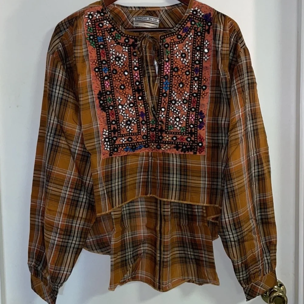 🧱 {PRICE FIRM} UO Kimchi Blue Ryder Embroidered Plaid Top - Picture 3 of 8